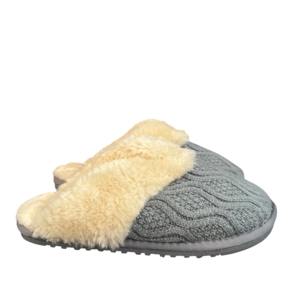 Lamo Caroline Knit Scuff Slippers Grey Cable Knit Faux Fur Size 7 MU1832QV